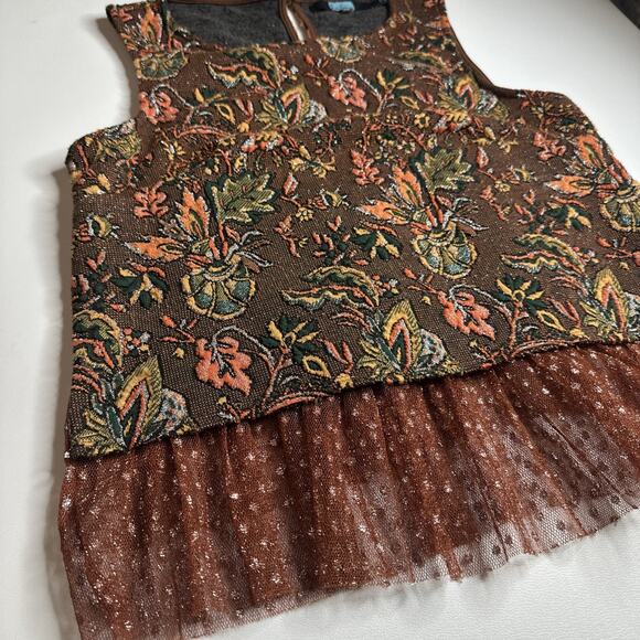Eva Franco Anthropologie Jacquard Floral Mesh Peplum Top Brown XS Cottage - Picture 6 of 11